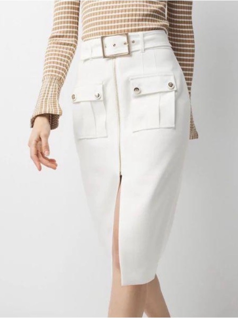 White House Black Market White Belted Pencil Skirt with Front Flap Pockets